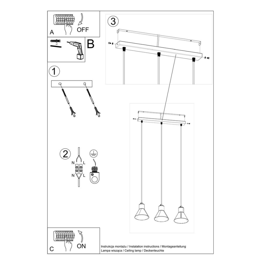 Lampadario su filo TALEJA 3xE27/60W/230V nero
