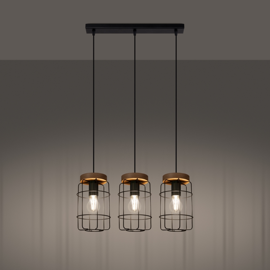 Suspension filaire GOTTO 3xE27/15W/230V noir/hêtre