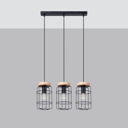 Suspension filaire GOTTO 3xE27/15W/230V noir/hêtre