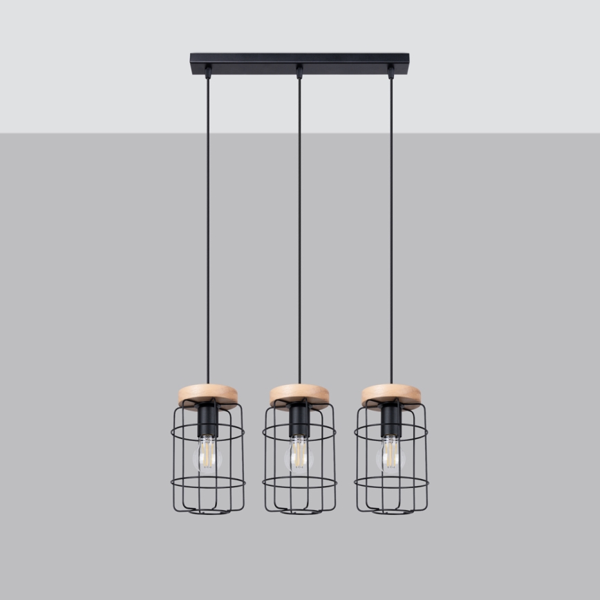 Suspension filaire GOTTO 3xE27/15W/230V noir/hêtre