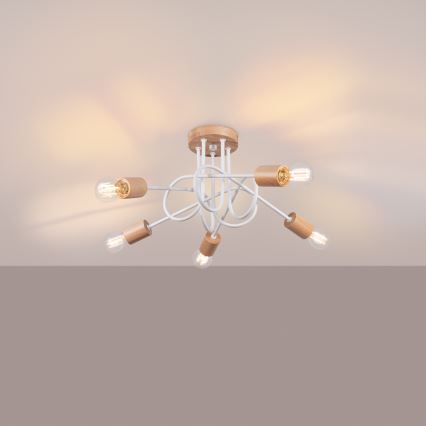 Lampadario a plafone EMBER 5xE27/15W/230V bianco/beige/faggio