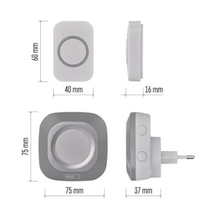 Sonnette sans fil à brancher 230V + 1xCR2032 IP44 gris