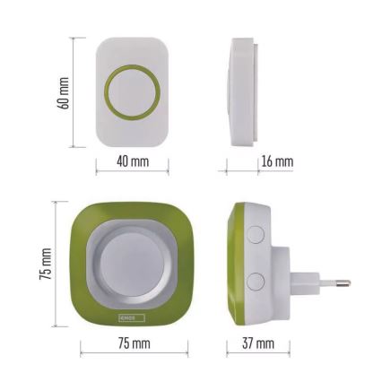 Sonnette sans fil à brancher 230V + 1xCR2032 IP44 vert
