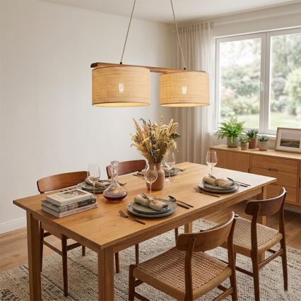 Sospensione a cavo AIDA 2xE27/15W/230V Ø 35 cm rovere/raffia