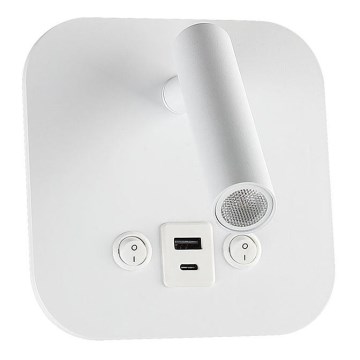 Spot da parete LED con porta USB, 8W, 230V, 3000K, bianco