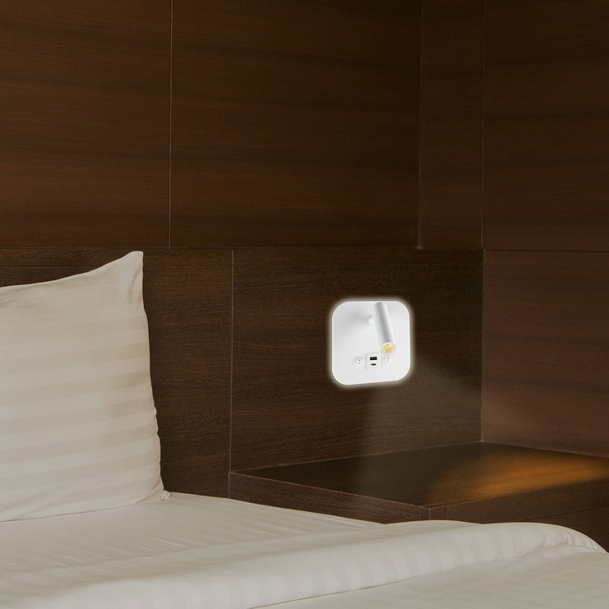 Spot da parete LED con porta USB, 8W, 230V, 3000K, bianco
