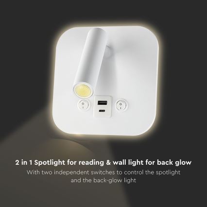 Spot da parete LED con porta USB, 8W, 230V, 3000K, bianco