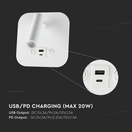 Spot da parete LED con porta USB, 8W, 230V, 3000K, bianco