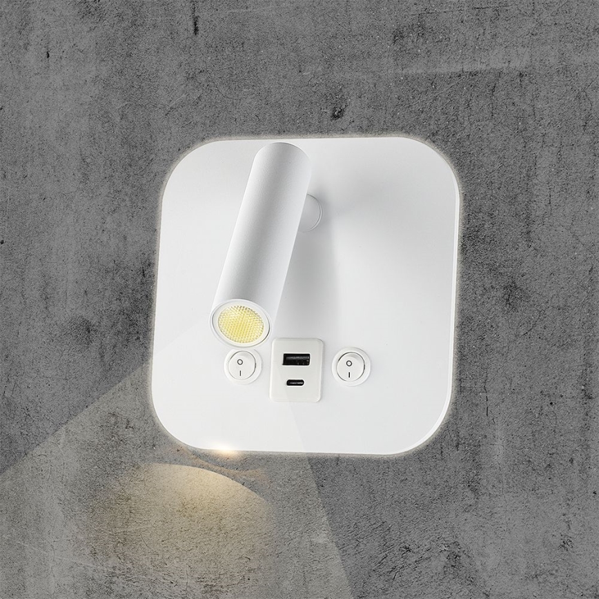 Spot mural LED avec port USB, 8 W, 230 V, 3000 K, blanc