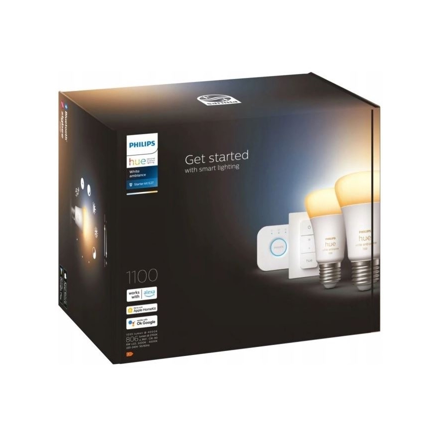 Starter-Set Philips Hue WHITE AMBIANCE 2xE27/8W/230V + Hue Bridge und Dimmschalter