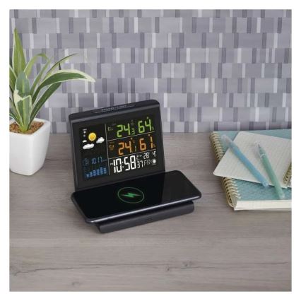 Station météo avec recharge sans fil 5V, alimentation 2x AA + 2x AAA, noire