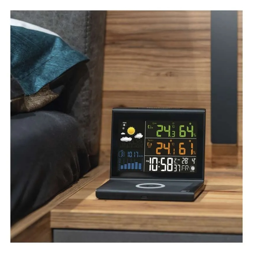 Stazione meteo con ricarica wireless 5V 2xAA + 2xAAA nera