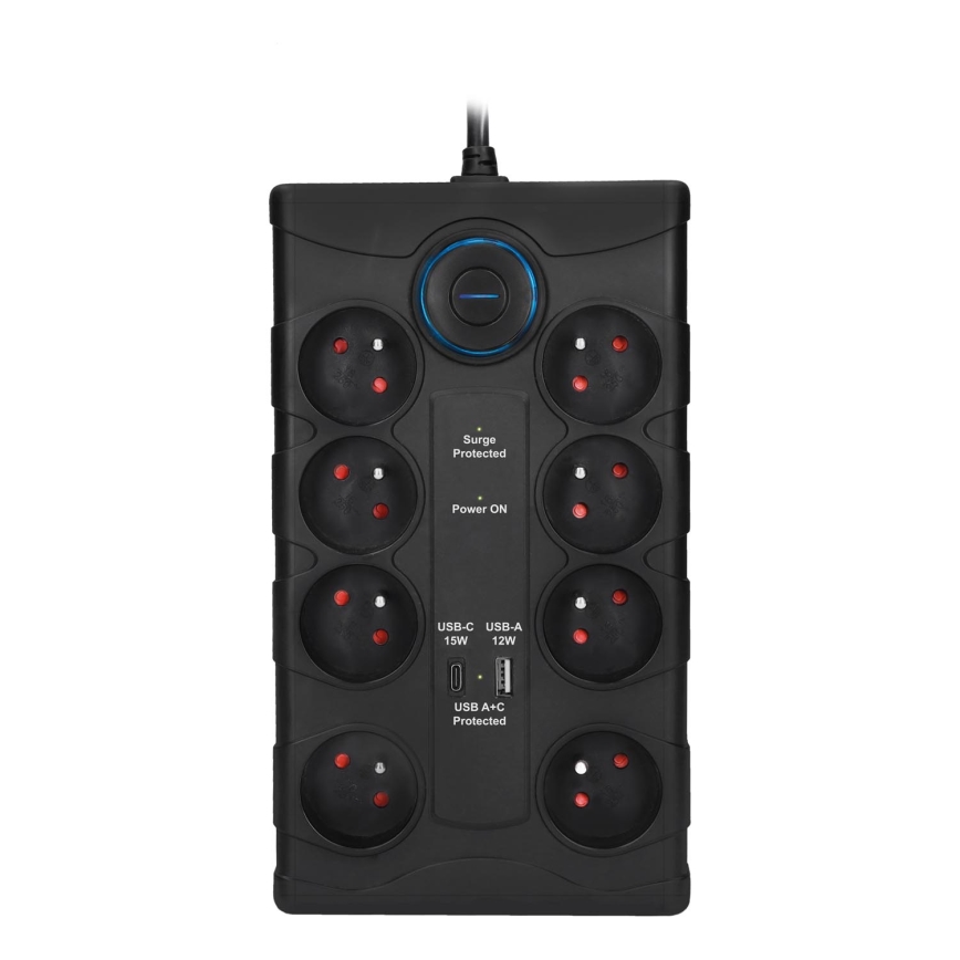 Steckdosenleiste mit Schalter, 8-fach, Typ E, 1x USB-A + 1x USB-C, 2 m, schwarz