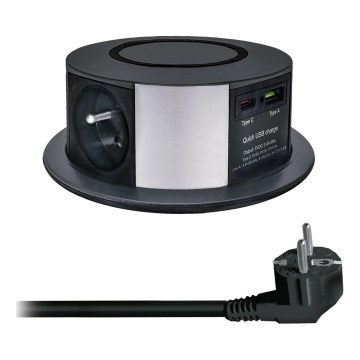 Steckdosensäule für Tischplatte mit kabelloser Qi-Aufladung 3x230V + 1xUSB-A + 1xUSB-C schwarz/silbern