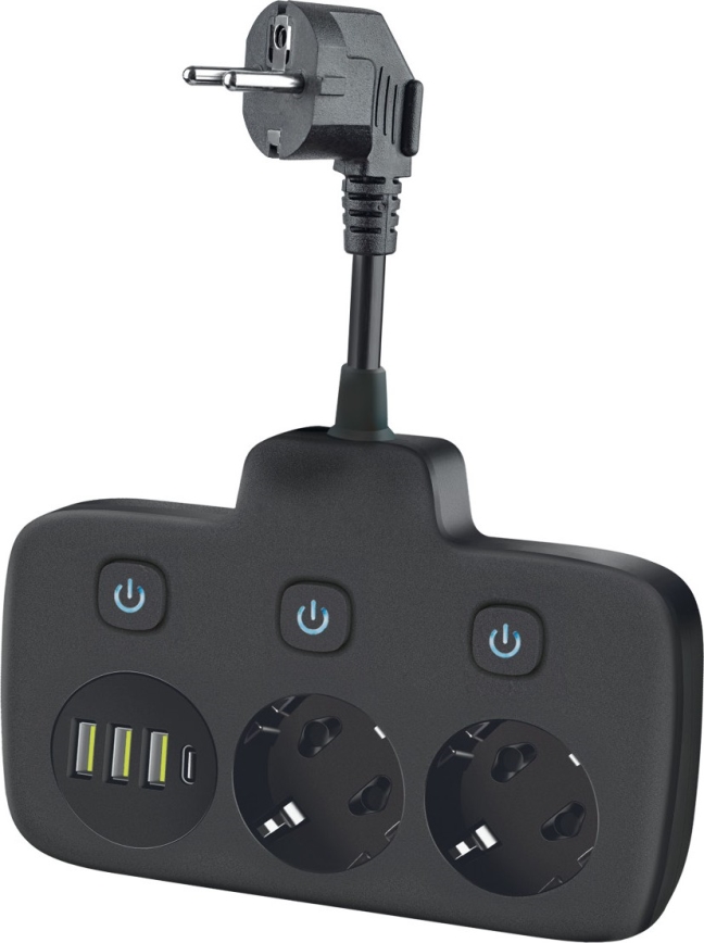 Steckdosenverteiler mit Schalter LINEA 2x230V + 4xUSB A/C SCHUKO schwarz