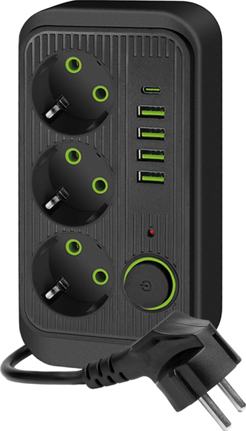 Steckdosenverteiler mit Schalter LINEA 3x230V + 5xUSB A/C SCHUKO 3 m schwarz