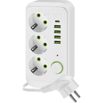 Steckdosenverteiler mit Schalter LINEA 3x230V + 5xUSB A/C SCHUKO 3 m weiß