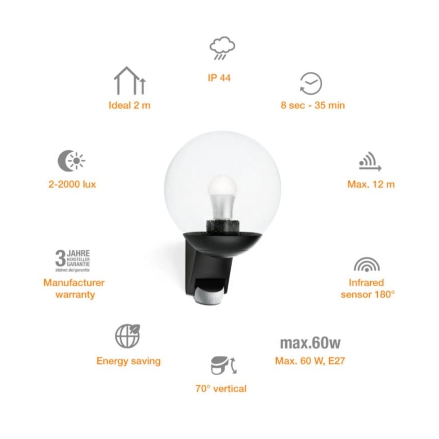 STEINEL 005535 - Applique murale extérieur avec détecteur L585S 1xE27/60W noir IP44