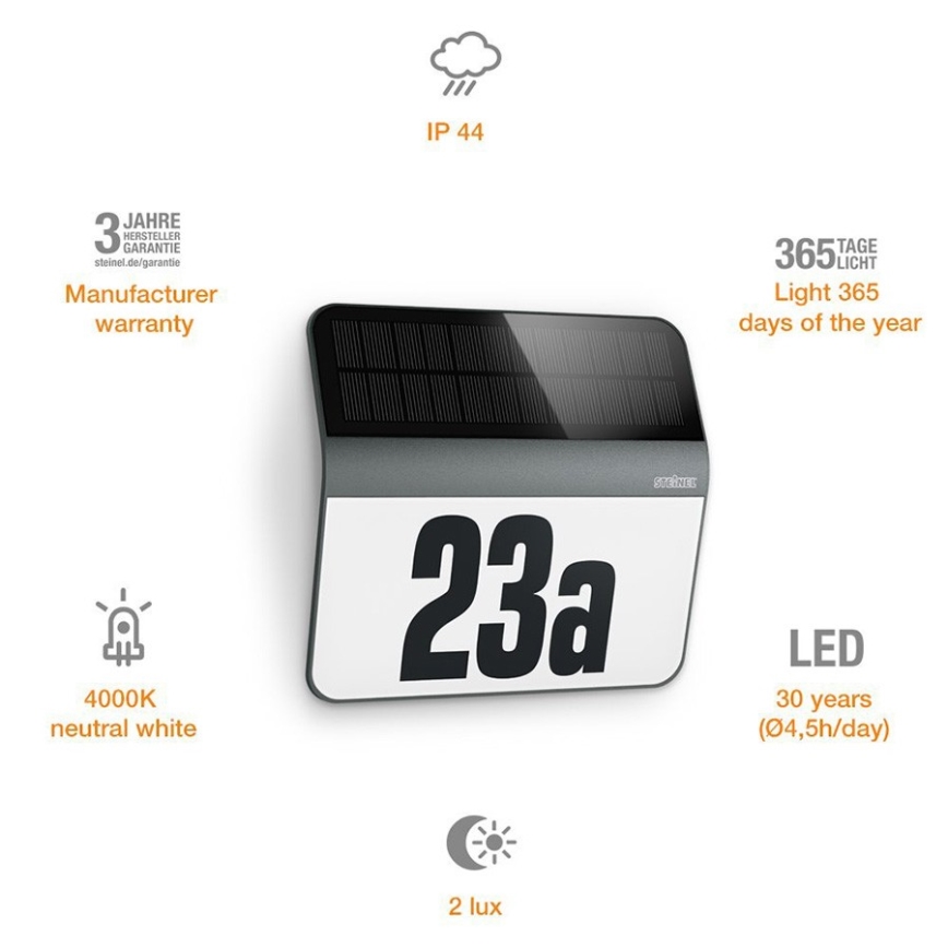STEINEL 035730 - Numéro de maison solaire LED XSolar LH-N LED/0,03W IP44