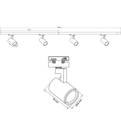 Strahler für Schienensystem LYNX 4xGU10/10W/230V + 2 x 75 cm Schienensystem schwarz