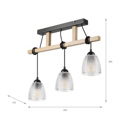 Suspension à câble LEANDRA 3x E27/15 W/230 V chêne/noir