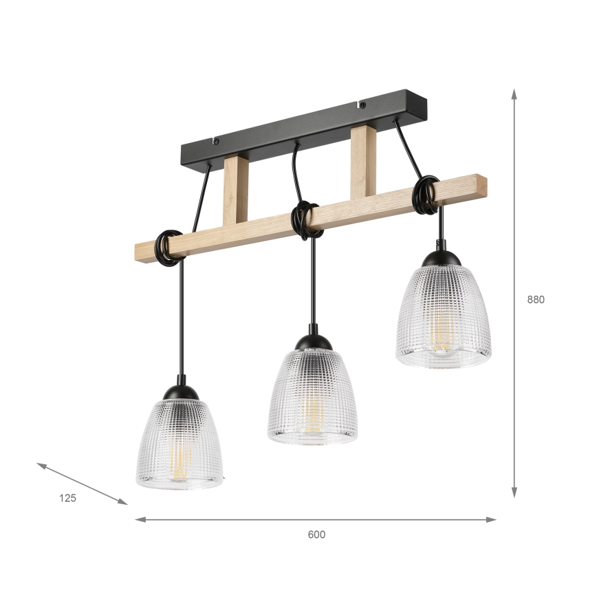 Suspension à câble LEANDRA 3x E27/15 W/230 V chêne/noir