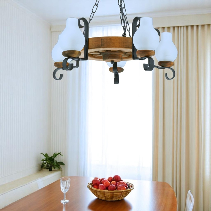 Suspension chaîne ROATA 5xE14/40W/230V d. 30 cm hêtre