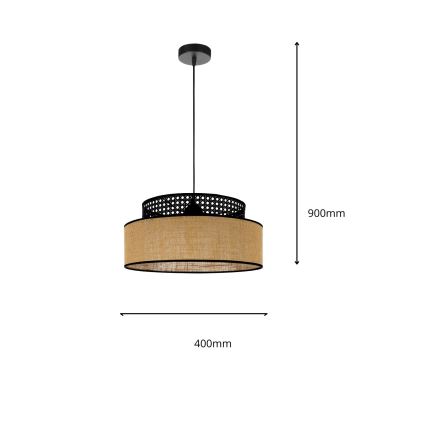 Suspension filaire BOHO 1xE27/60W/230V d. 40 cm noir/rotin