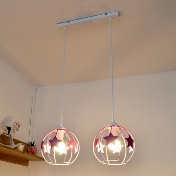 Suspension filaire enfant STARS 2xE27/15W/230V rose/blanc