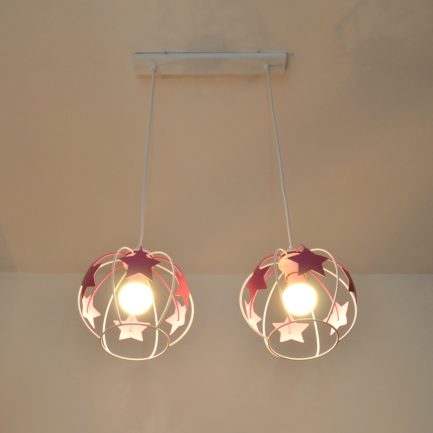 Suspension filaire enfant STARS 2xE27/15W/230V rose/blanc