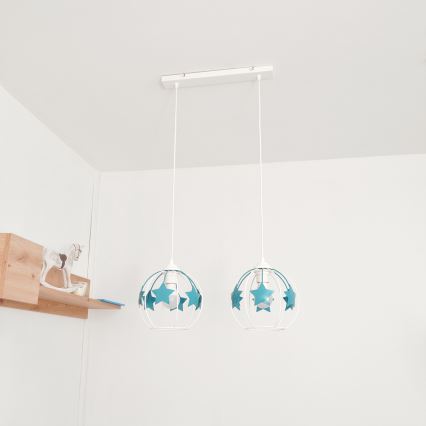 Suspension filaire enfant STARS 2xE27/15W/230V turquoise/blanc