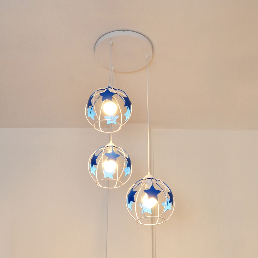 Suspension filaire enfant STARS 3xE27/15W/230V bleu/blanc
