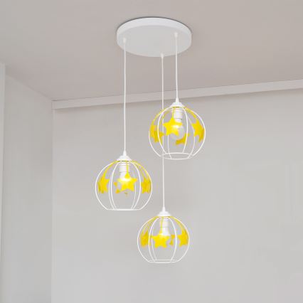 Suspension filaire enfant STARS 3xE27/15W/230V jaune/blanc