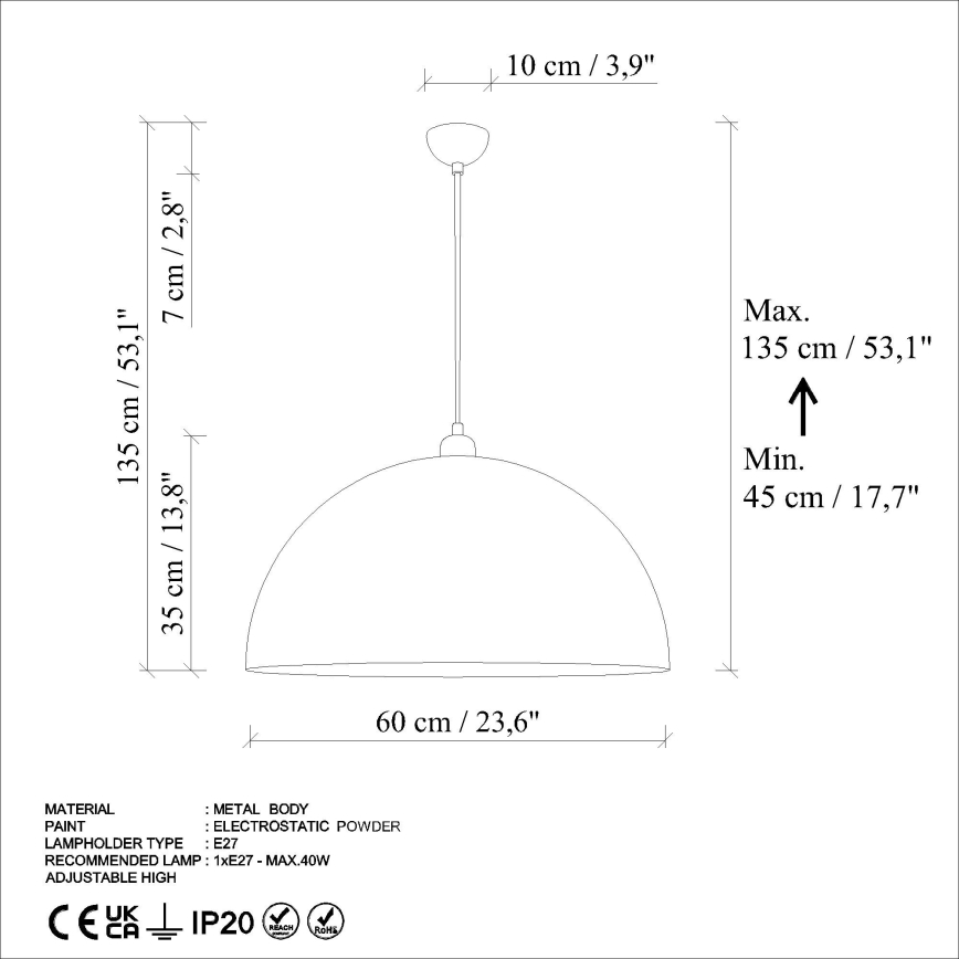 Suspension filaire KURE 1xE27/40W/230V d. 60 cm gris