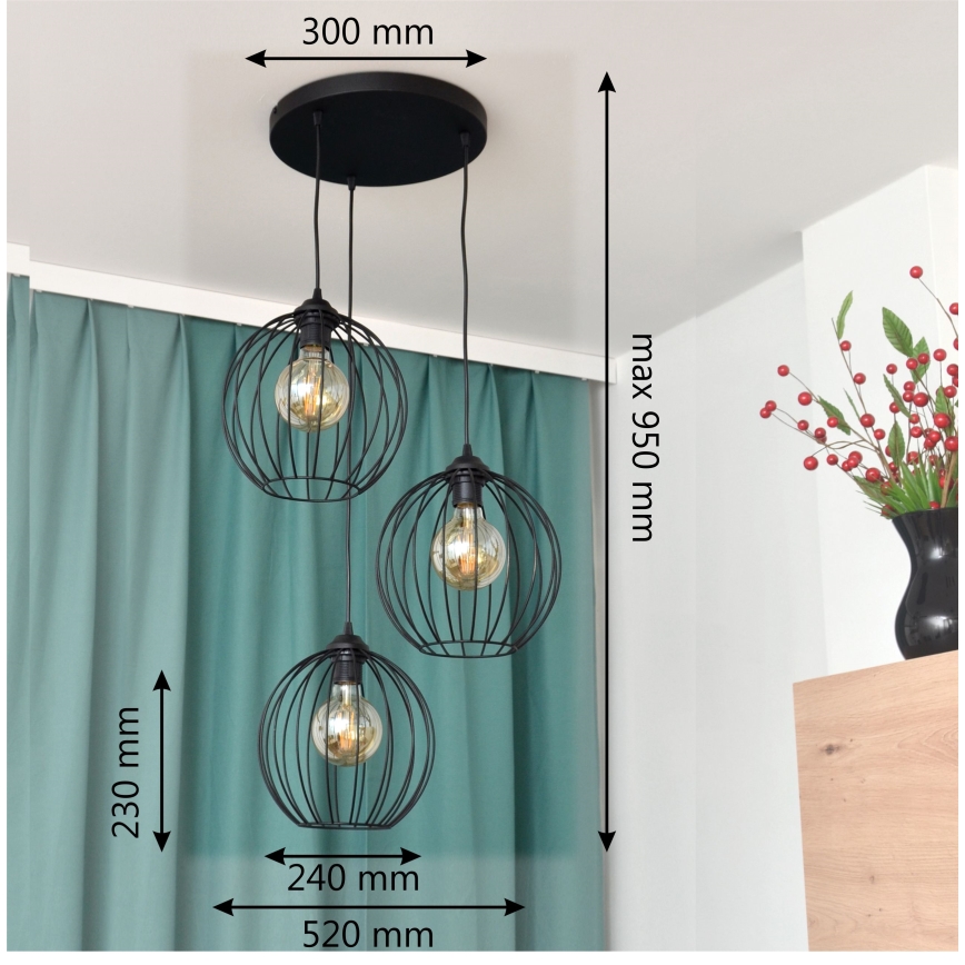 Suspension filaire LED MERCURE 3xE27/15W/230V ø 50 cm noir