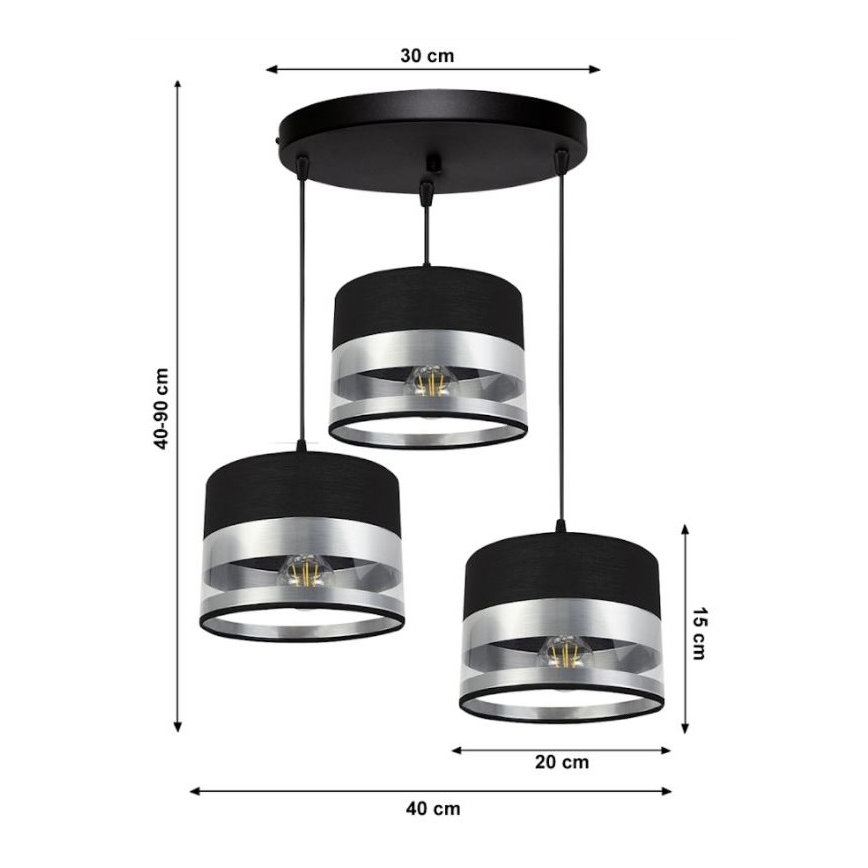 Suspension filaire MILO 3xE27/60W/230V argentée/noire