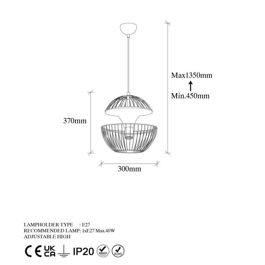 Suspension filaire TELMANDER 1xE27/40W/230V doré