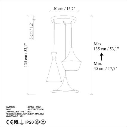 Suspension filaire TOM 3xE27/40W/230V gris