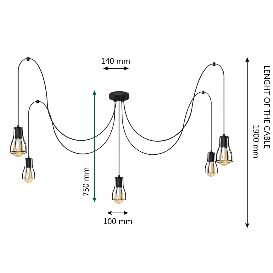 Suspension filaire TUBE 5xE27/15W/230V araignée noir