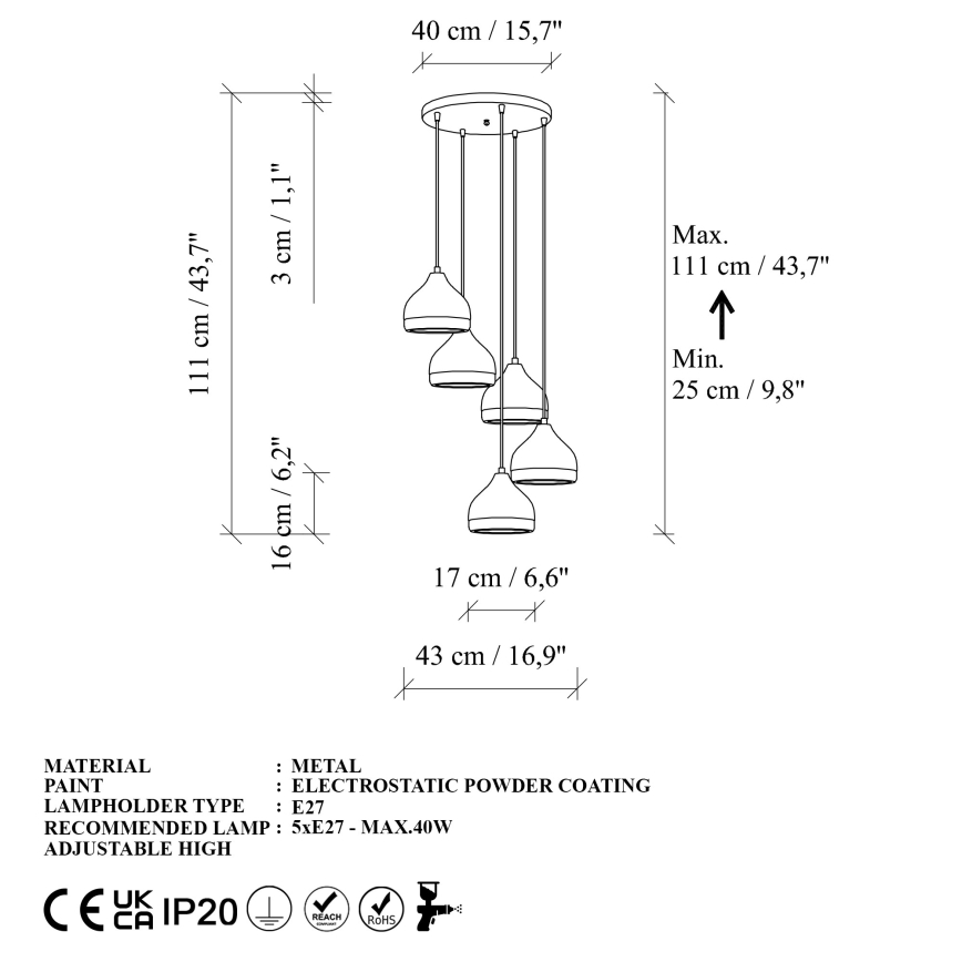 Suspension filaire YILDO 5xE27/40W/230V blanc/doré