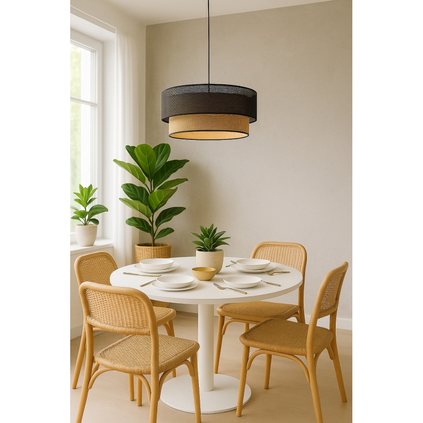 Suspension sur câble BORHO, 1x E27/60W/230V, diamètre 50 cm, noir/jute