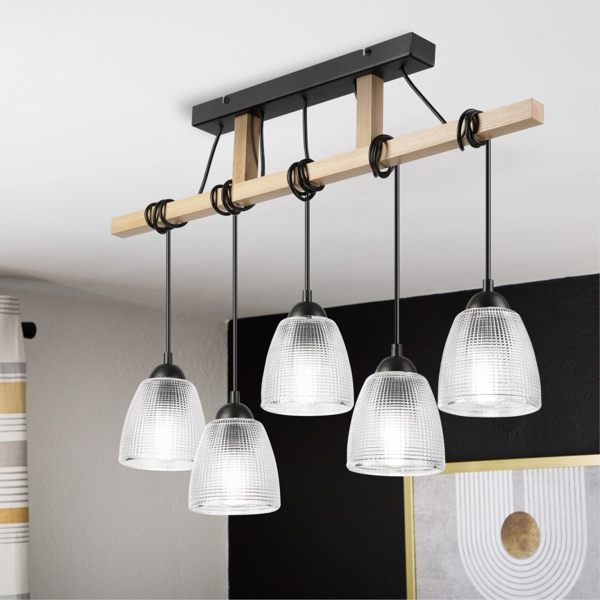 Suspension sur câble LEANDRA 5xE27/15W/230V chêne/noir