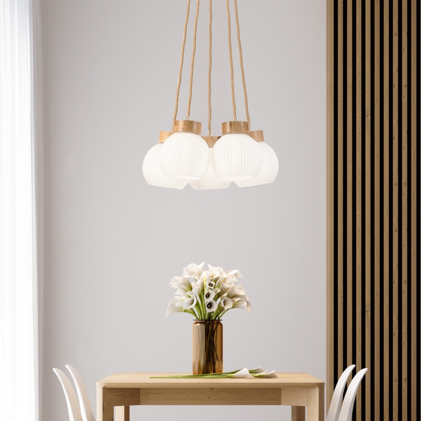 Suspension sur câble LOOMIS 5xE27/15W/230V 83 cm beige/chêne