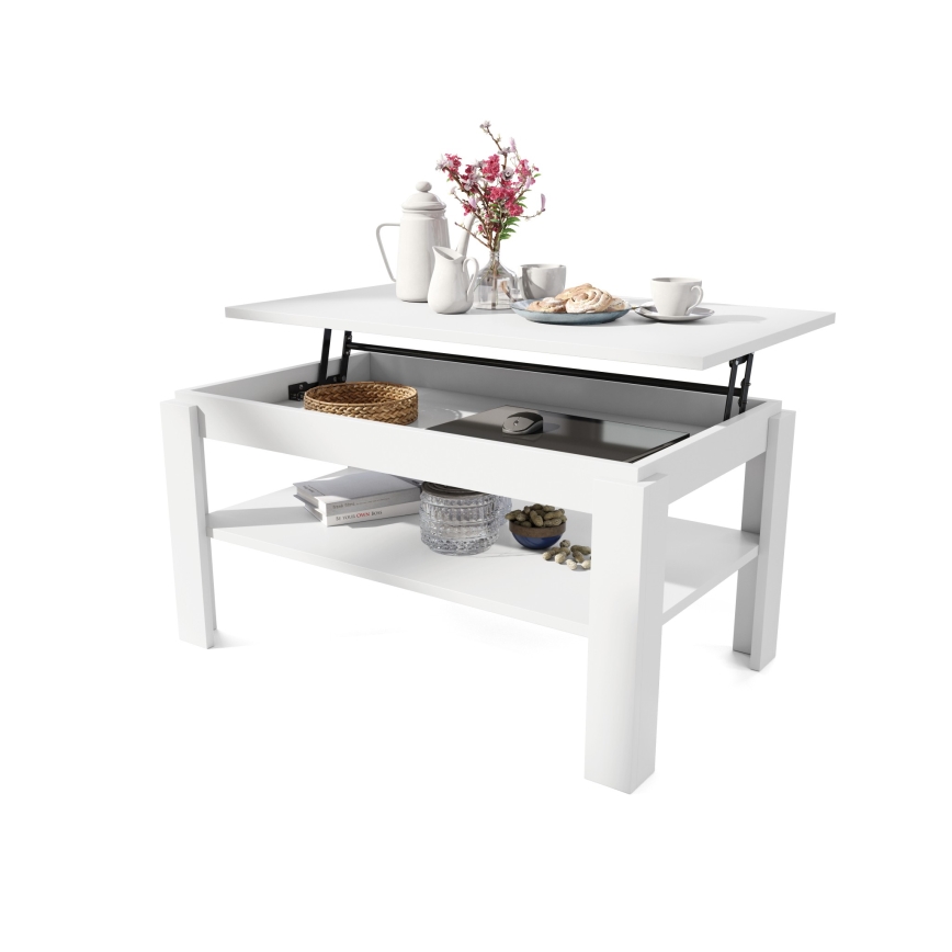 Table basse convertible avec plateau relevable et étagère ADEN blanche