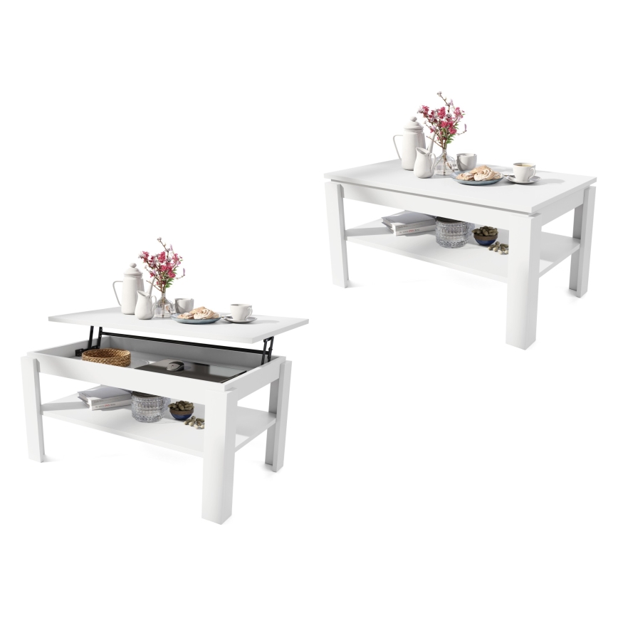 Table basse convertible avec plateau relevable et étagère ADEN blanche