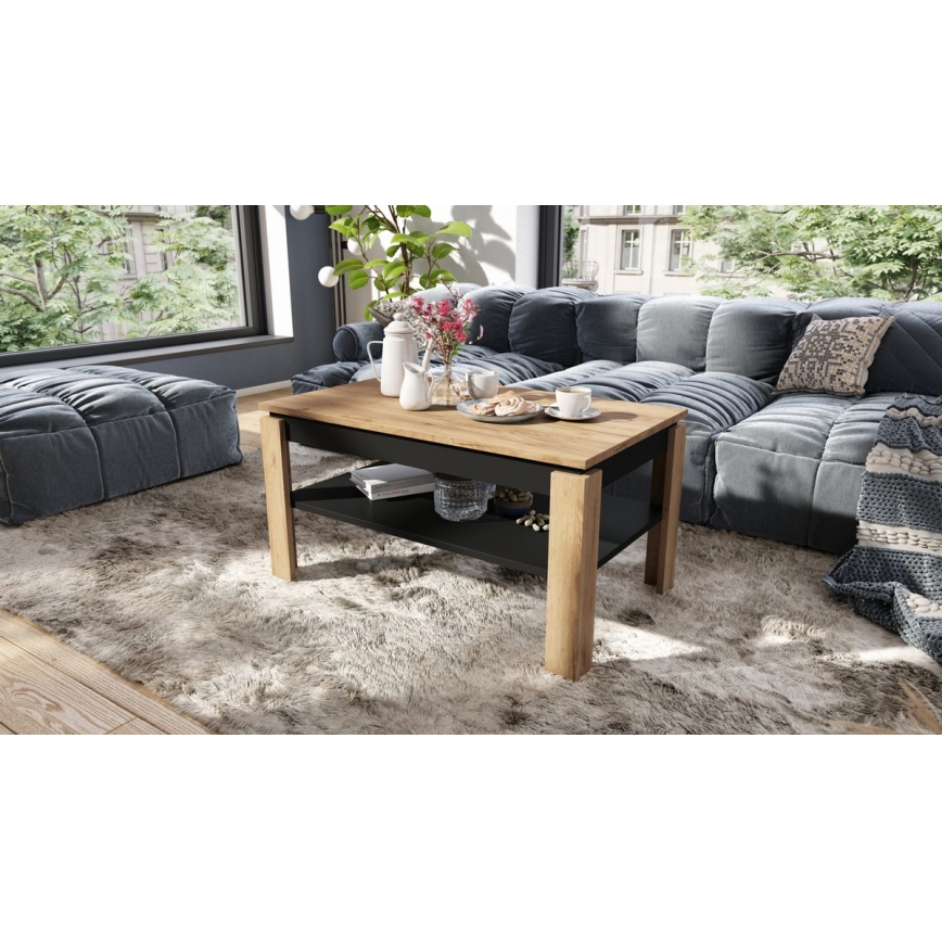 Table basse extensible avec plateau relevable et étagère ADEN chêne craft/noir