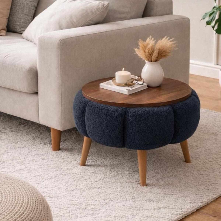 Table basse FELPO Ø 45 cm bleu/noyer