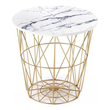 Table basse HARISSA 41x42 cm doré/blanc décor en marbre
