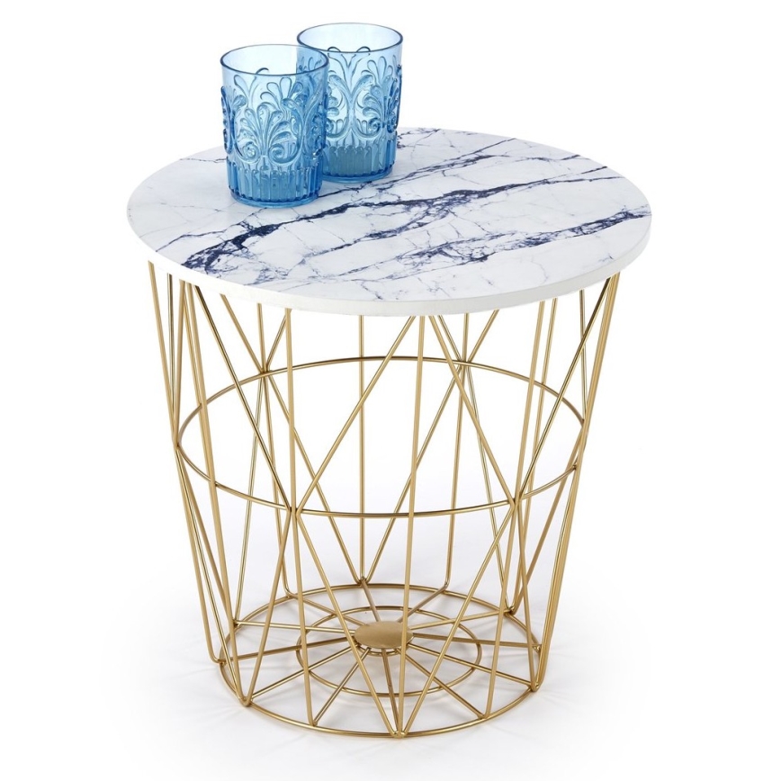 Table basse HARISSA 41x42 cm doré/blanc décor en marbre