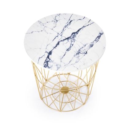 Table basse HARISSA 41x42 cm doré/blanc décor en marbre